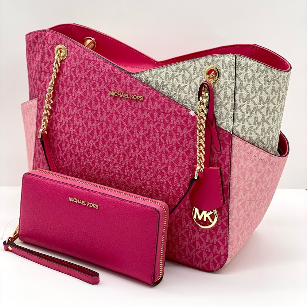 Michael Kors Jet Set Large Logo
Shoulder Bag Chain Tote And Wallet Set Pink - Picture 3 of 16